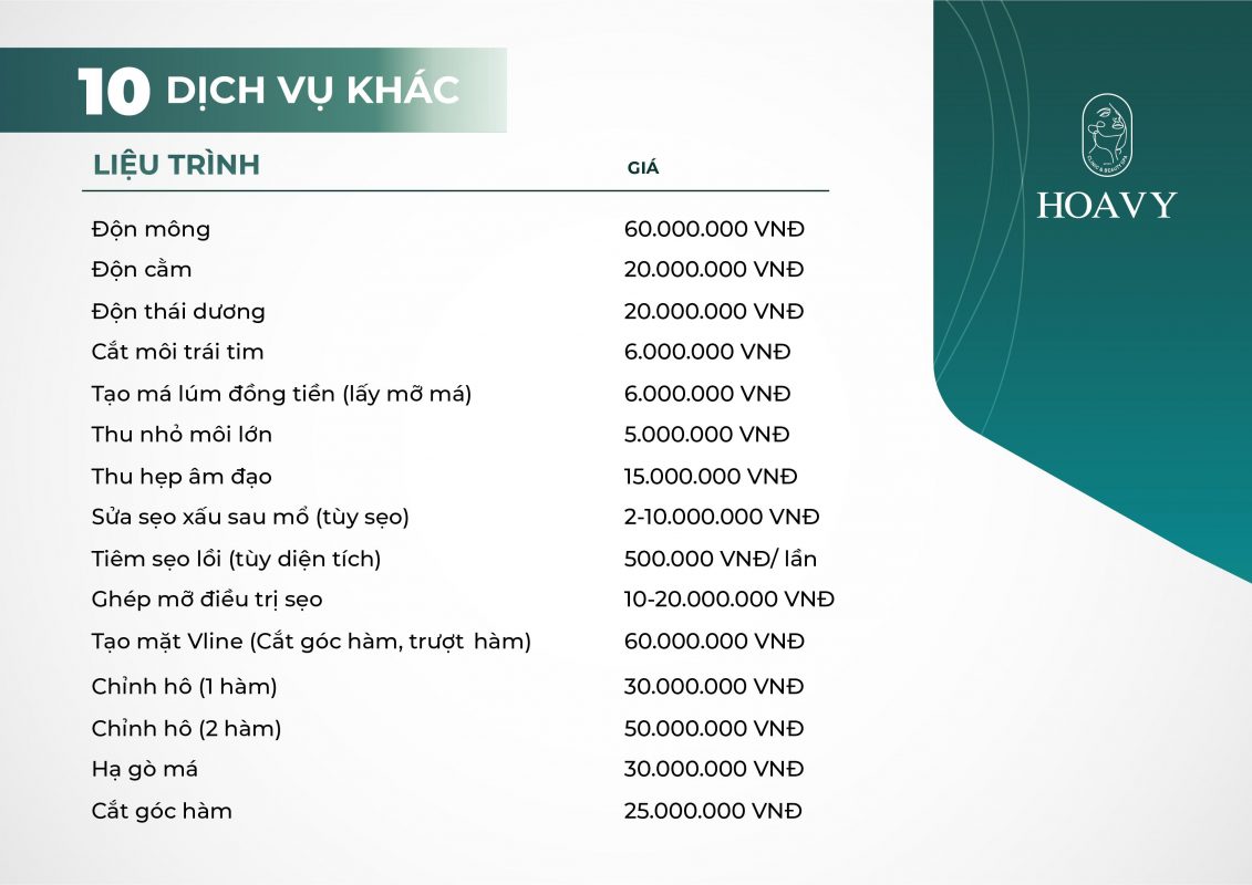 Bang gia dich vu tham my tai tham my vien hoa vy dich vu khac