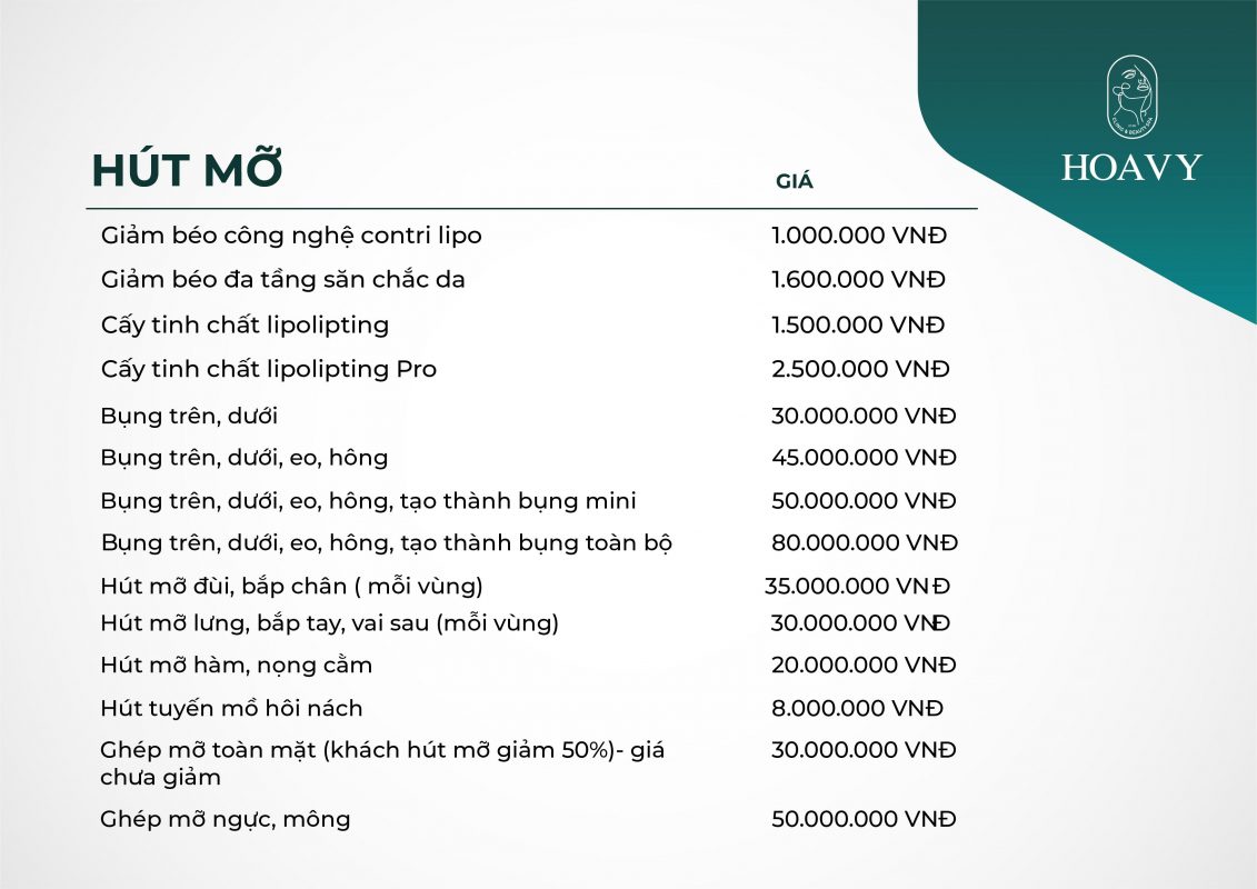 Bang gia dich vu tham my tai tham my vien hoa vy hut mo