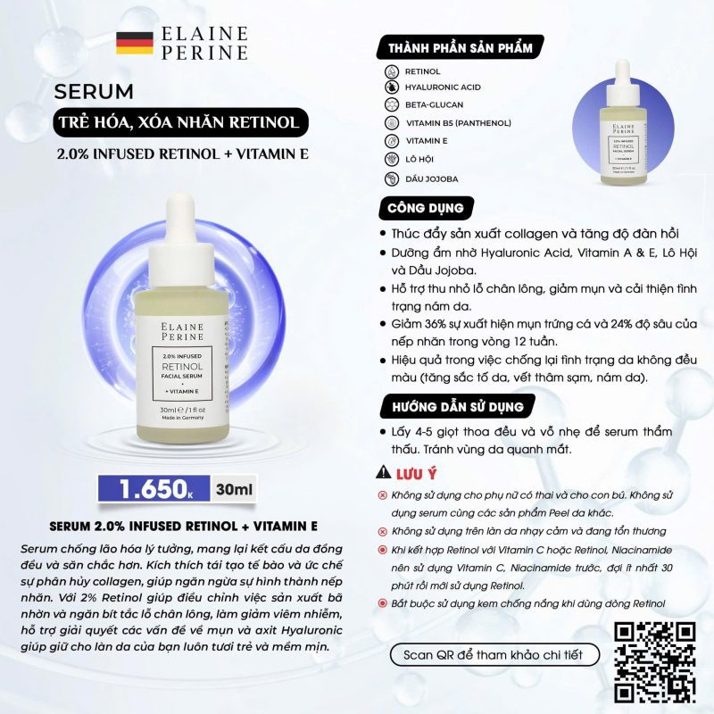 Elaine Perine Retinol Serum – giúp giảm nếp nhăn, mụn, nám, tàn nhang - hiệu quả sau 12 tuần sử dụng