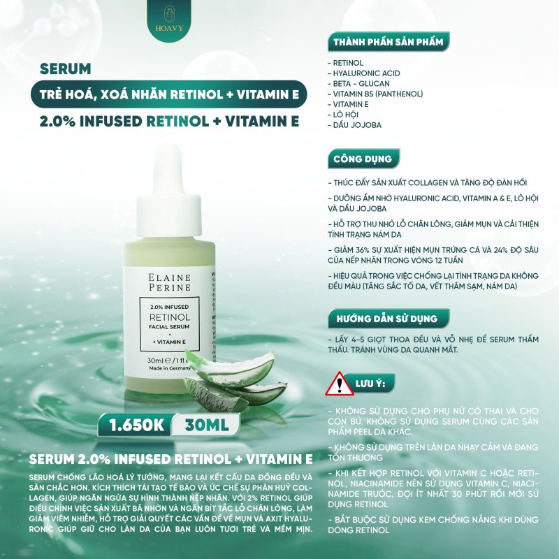 Serum Retinol ELAINE PERINE được sử dụng trong liệu trình chăm sóc da mụn tại TMV Hoa Vy
