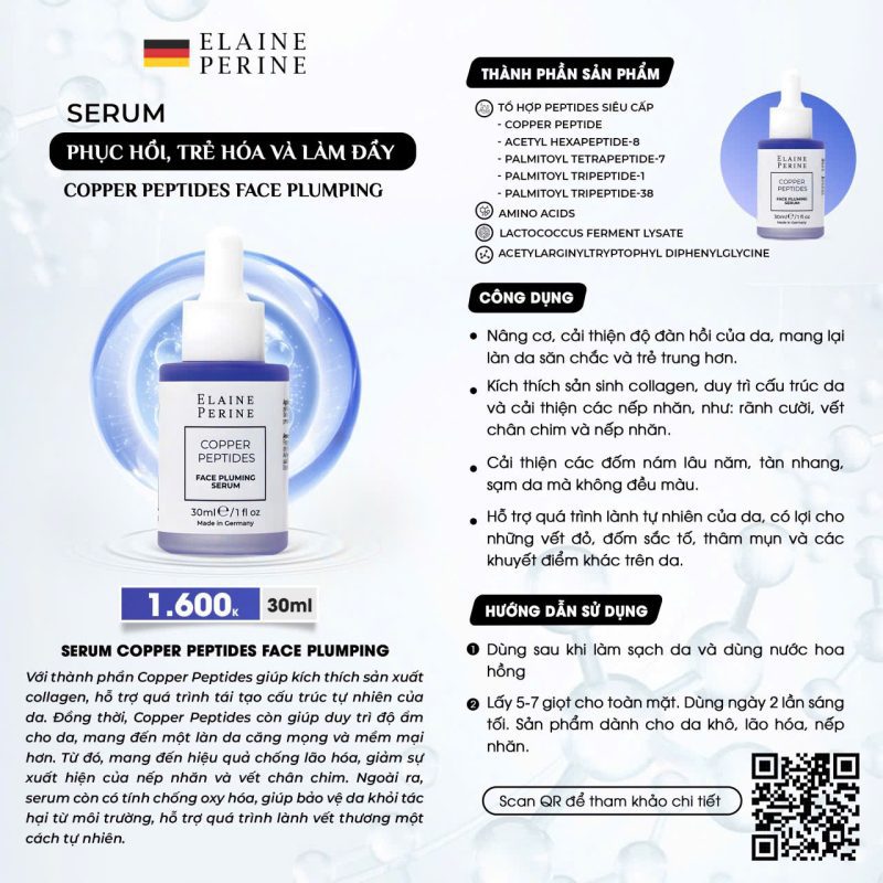 Thành phần, công dụng và hướng dẫn sử dụng Copper Peptide Elaine Perine