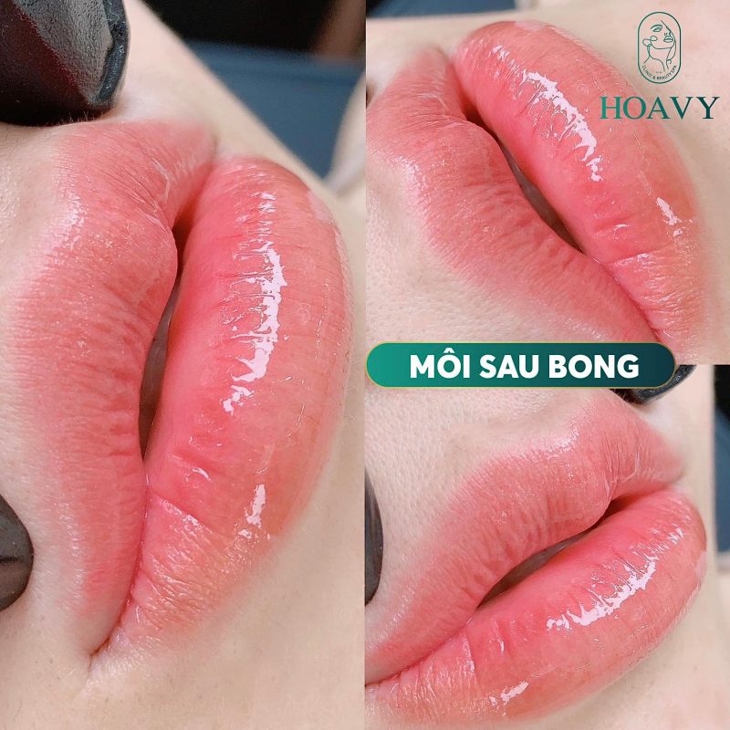 Tạo hình môi tại TMV Hoa Vy - Môi sau bong màu cực kì mịn - mướt - không bị vón mực.