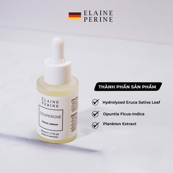 Serum giảm kích ứng cho da nhạy cảm Couperose Elaine Perine – Giải pháp làm dịu và phục hồi da yếu hiệu quả từ Đức 4 Với phức hợp thành phần hoạt chất cải tiến đã được chứng minh làm giảm rõ rệt tình trạng đỏ da, kích ứng và phục hồi thương tổn.