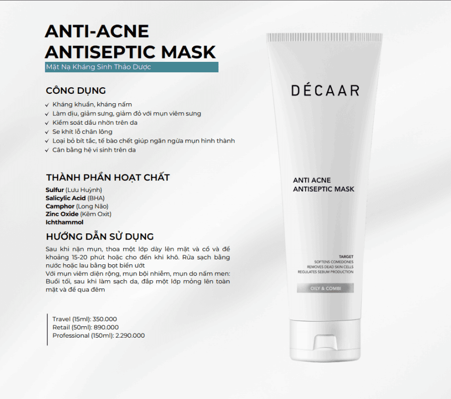 CHĂM SÓC DA HÀNG NGÀY CHO DA DẦU MỤN VỚI BỘ SẢN PHẨM DÉCAAR 7 Mặt Nạ Trị Mụn DÉCAAR hỗ trợ làm giảm sưng viêm, kiểm soát dầu thừa, se khít lỗ chân lông, mang lại cảm giác mát dịu và cân bằng cho da.