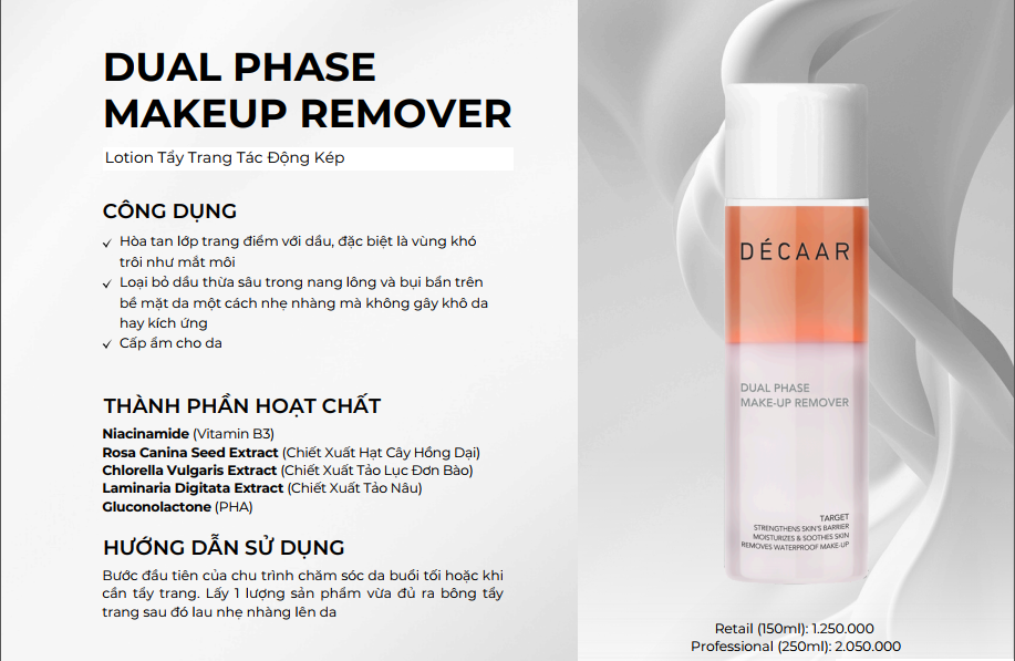 CHĂM SÓC DA HÀNG NGÀY CHO DA DẦU MỤN VỚI BỘ SẢN PHẨM DÉCAAR 2 Lotion Tẩy Trang DÉCAAR Tác Động Kép: Công thức kết hợp dầu và nước tác động kép, phù hợp cho da dầu và da nhạy cảm.