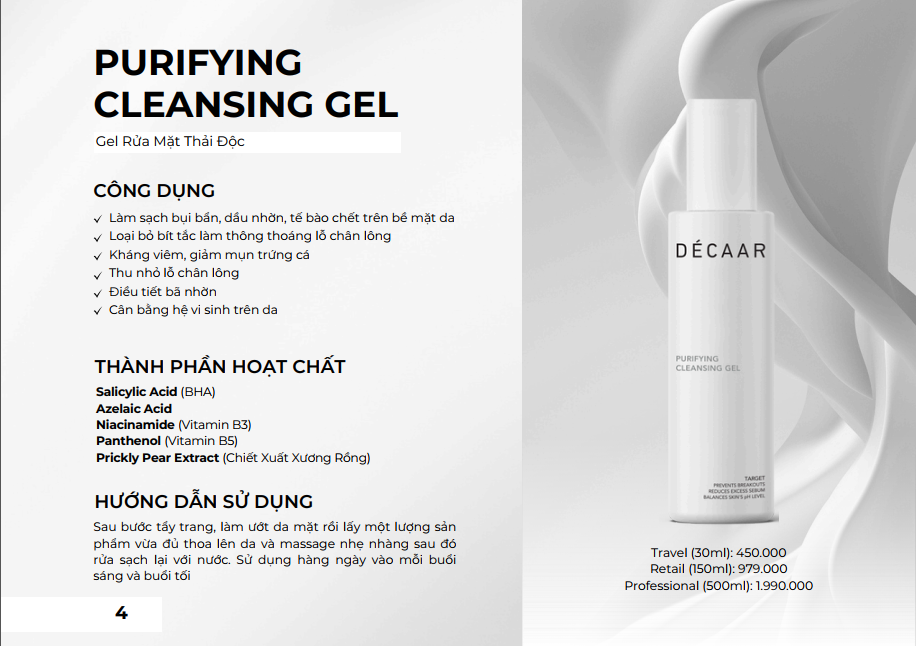 CHĂM SÓC DA HÀNG NGÀY CHO DA DẦU MỤN VỚI BỘ SẢN PHẨM DÉCAAR 3 Gel Rửa Mặt Thải Độc DÉCAAR giúp loại bỏ bã nhờn, bụi bẩn và độc tố, đặc biệt phù hợp cho da dễ nổi mụn.