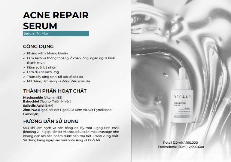 CHĂM SÓC DA HÀNG NGÀY CHO DA DẦU MỤN VỚI BỘ SẢN PHẨM DÉCAAR 6 Serum Trị Mụn DÉCAAR chống viêm – kháng khuẩn mạnh mẽ, giúp làm khô nhân mụn, giảm thâm sau mụn.