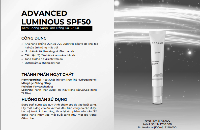 CHĂM SÓC DA HÀNG NGÀY CHO DA DẦU MỤN VỚI BỘ SẢN PHẨM DÉCAAR 8 Kem Chống Nắng Làm Trắng Da SPF50 DÉCAAR có kết cấu dễ thẩm thấu, tăng cường dưỡng sáng, cải thiện độ đàn hồi và ngăn ngừa lão hóa sớm. Giúp da luôn khỏe – sáng – đều màu suốt cả ngày.